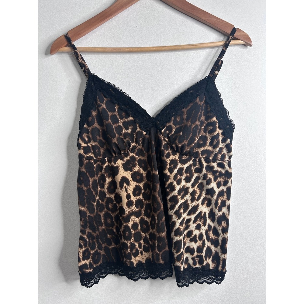 Y2K Leopard Print Lace Trim Camisole Top‎ Sz L Brown Black Strappy Mob Wife 90s